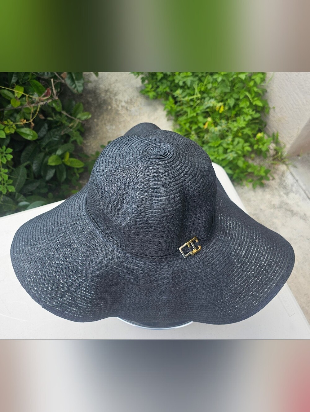 Classic Black Wide-Brim Sun Hat with Gold Accent